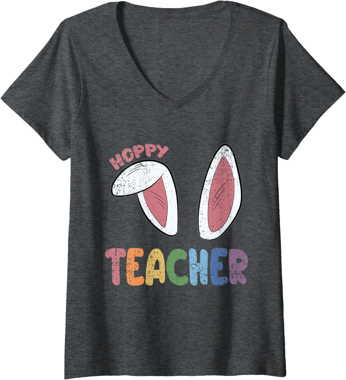 Women's Hoppy Teacher Easter Cute Rabbit Bunny Ears Spring V-Neck T-Shirt - Dark Heather Grey