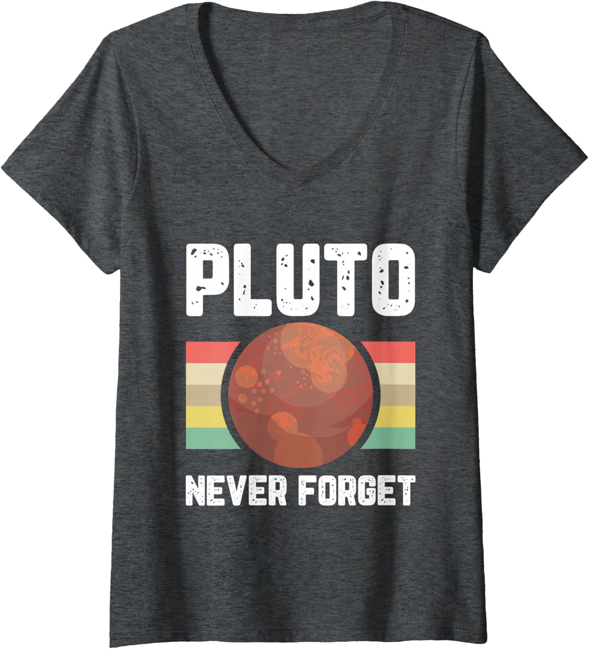 Women's Pluto Never Forget Space Planet Humor Retro Science Gifts V-Neck T-Shirt - Dark Heather Grey