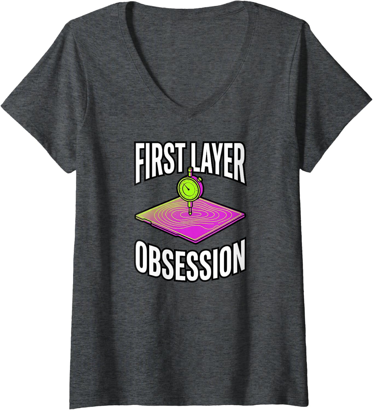 Women's 3D Printing First Layer Obsession Bed Leveling V-Neck T-Shirt - Dark Heather Grey