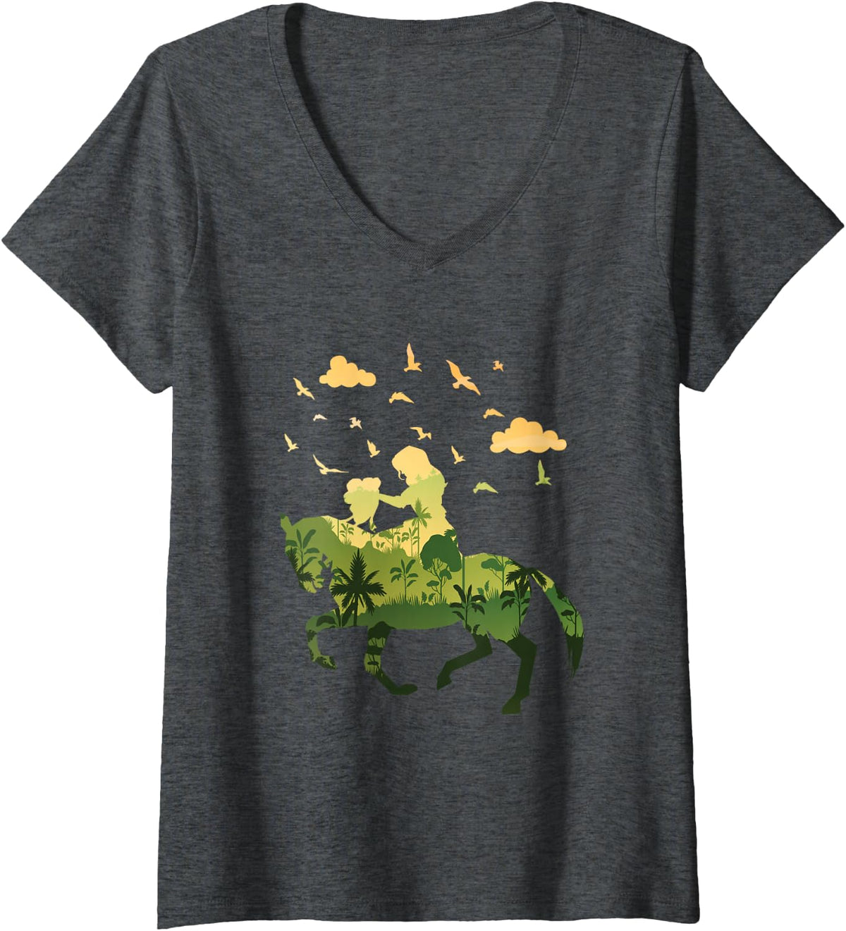 Women's Women Riding Horse Silhoutte V-Neck T-Shirt - Dark Heather Grey