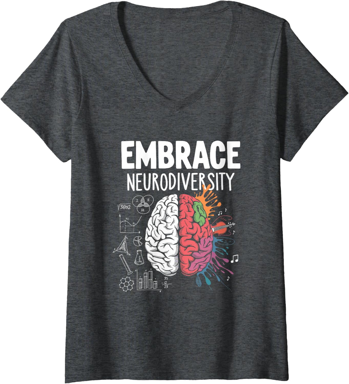 Women's Embrace Neurodiversity Brain Autism Awareness ADHD Autistic V-Neck T-Shirt - Dark Heather Grey
