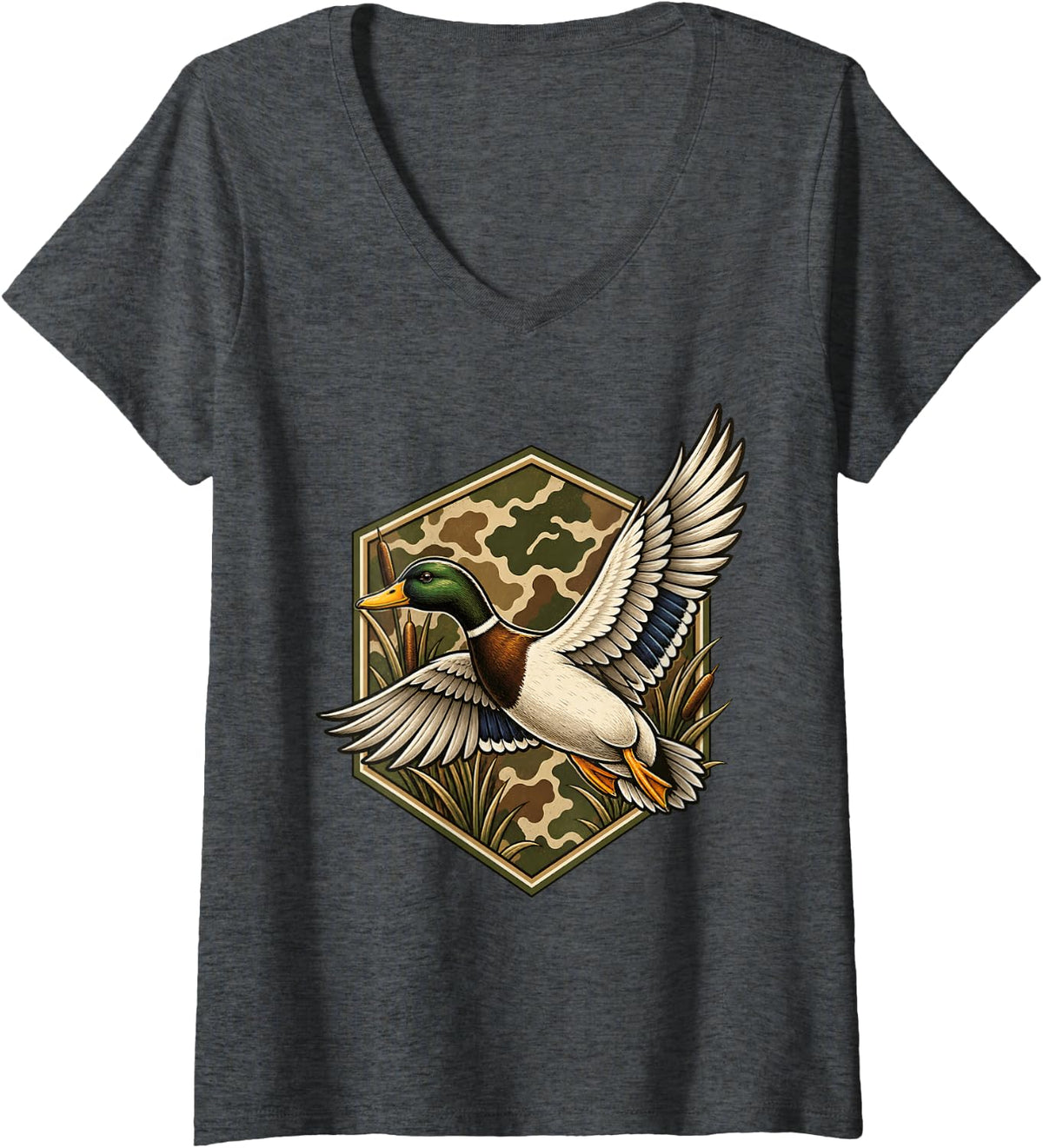 Women's Mallard Duck Camouflage Badge V-Neck T-Shirt - Dark Heather Grey
