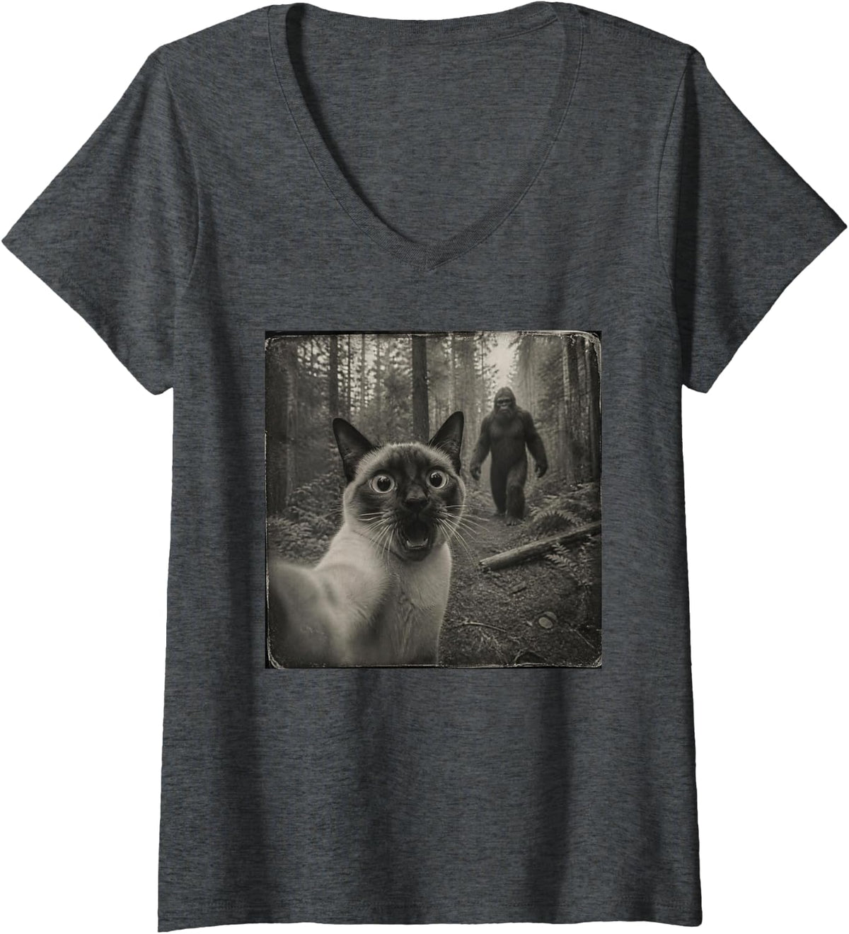 Women's Funny Bigfoot Siamese Cat V-Neck T-Shirt - Dark Heather Grey