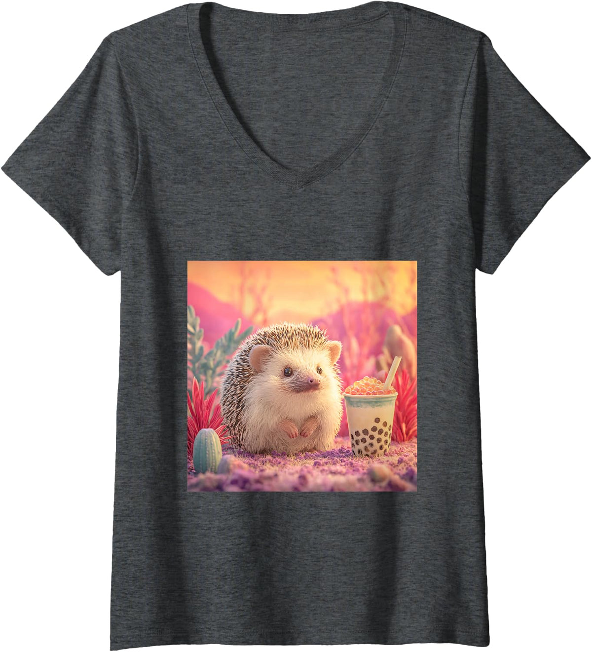 Women's Hedgehog Bubble Tea Boba Cup Pink Sunset V-Neck T-Shirt - Dark Heather Grey