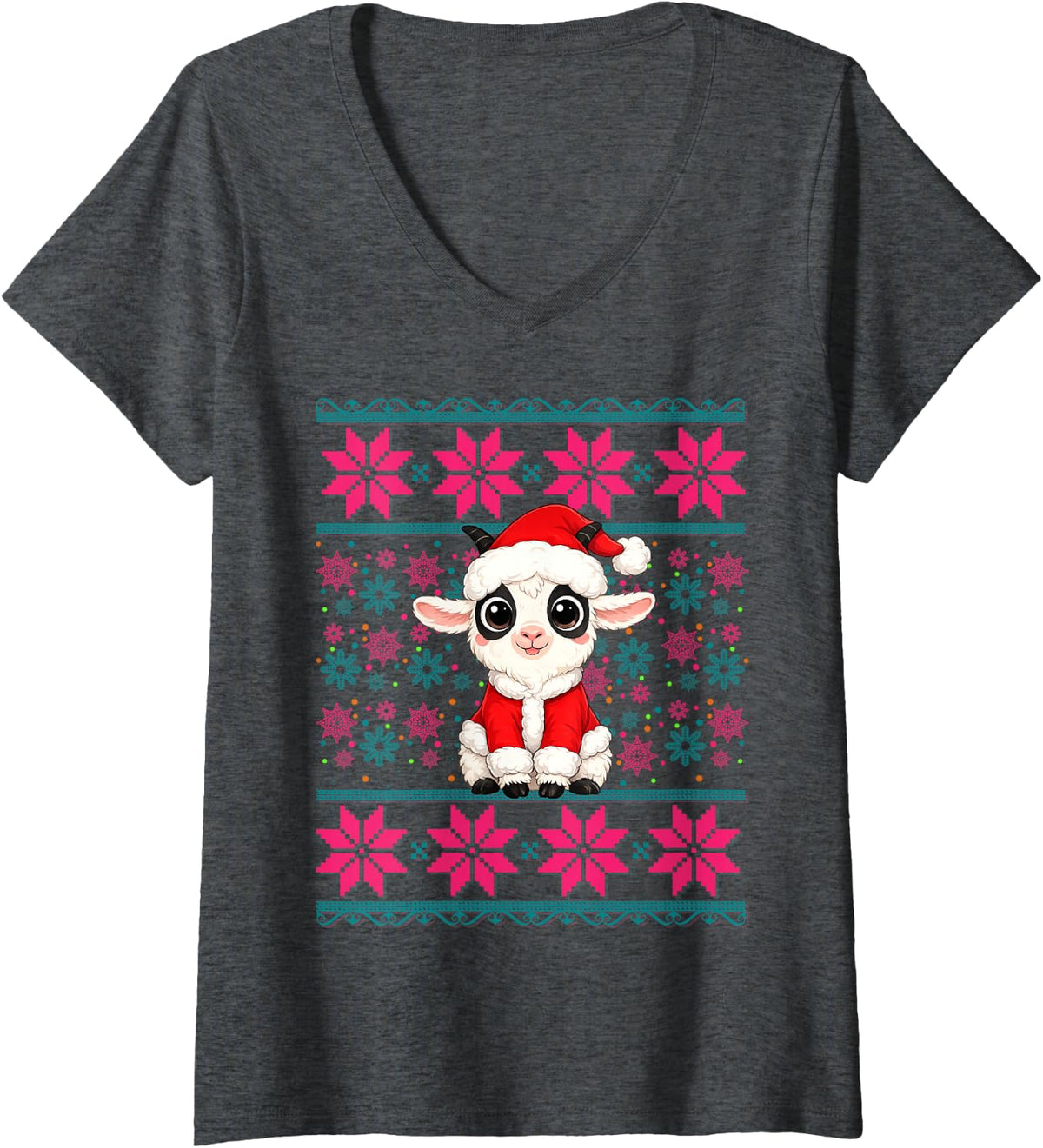 Women's Cute Goat Wearing Santa Hat Ugly Christmas Pajama Girls V-Neck T-Shirt - Dark Heather Grey