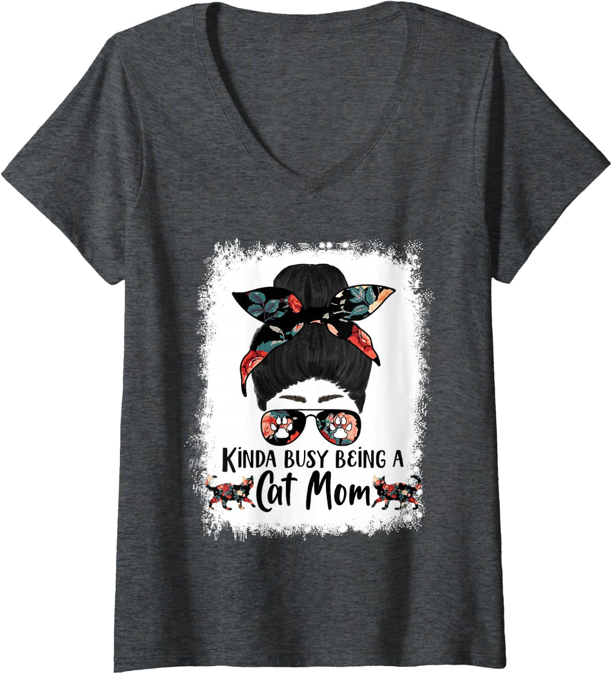 Women's Kinda Busy Being A Cat Mom Bengal Funny Messy Bun V-Neck T-Shirt - Dark Heather Grey