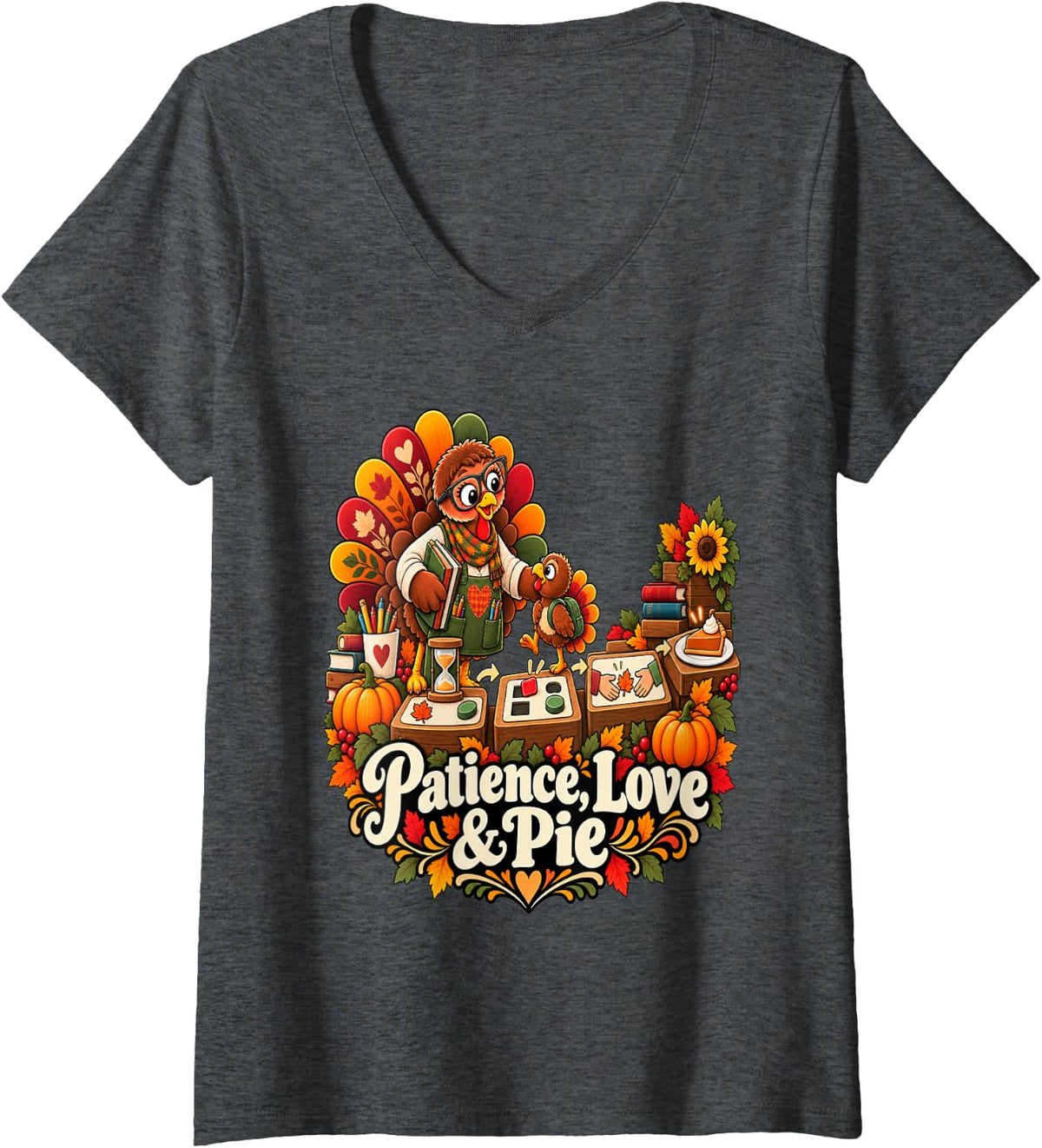 Women's Patience Love and Pie Special Education Teacher Thanksgiving V-Neck T-Shirt - Dark Heather Grey