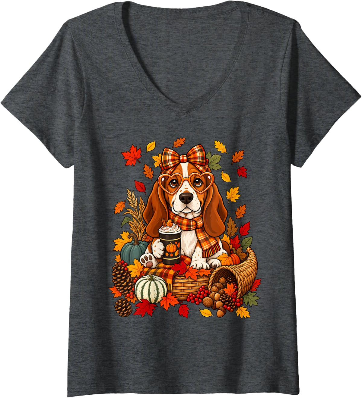 Women's Coquette Bow Basset Hound Dog Pumpkin Spice Thanksgiving V-Neck T-Shirt - Dark Heather Grey