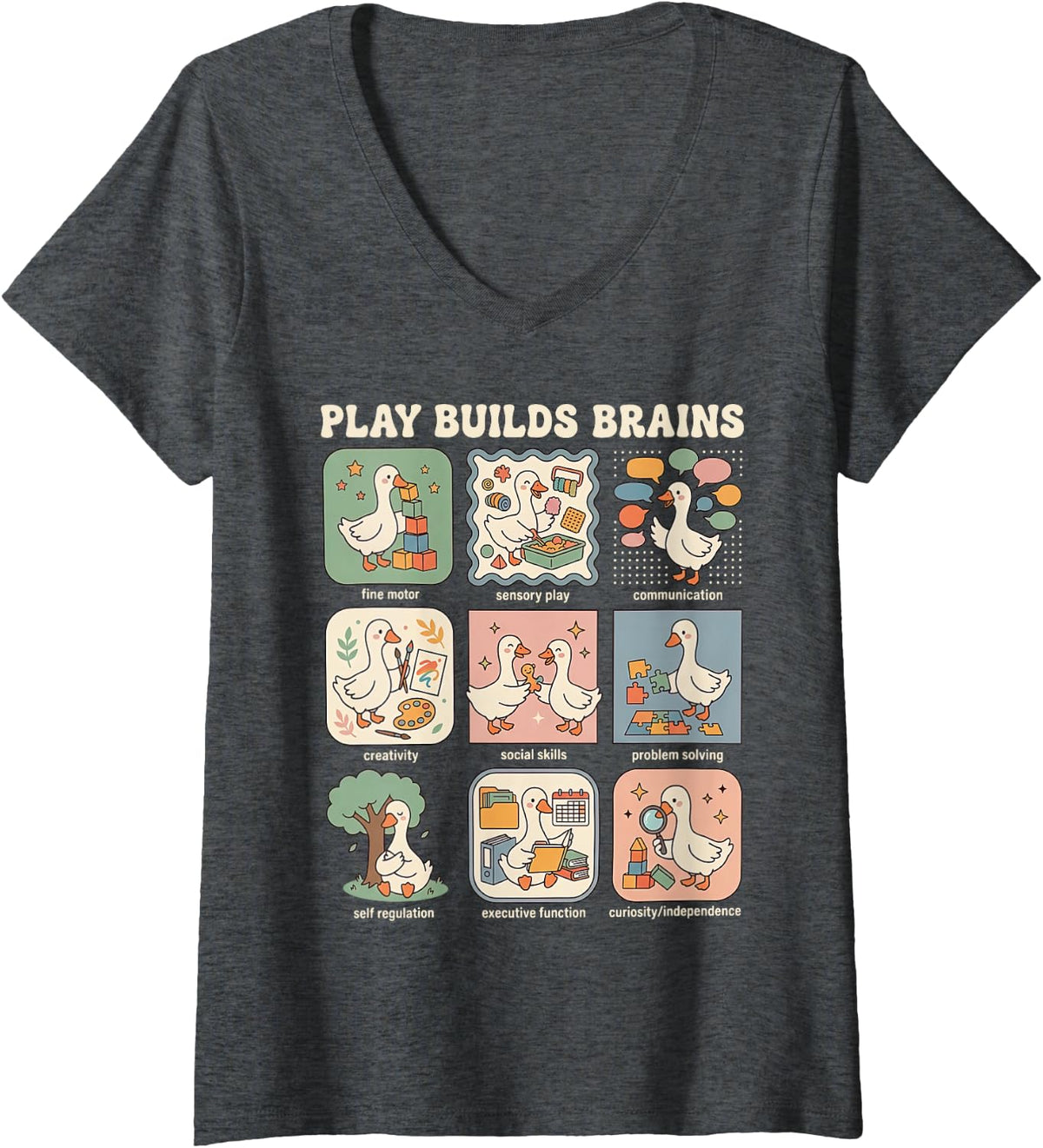 Women's Play Builds Brains Goose Special Education Teacher Autism V-Neck T-Shirt - Dark Heather Grey
