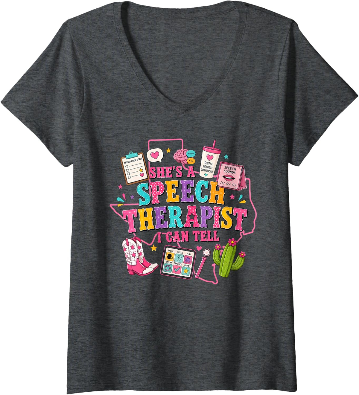 Women's She's a Speech Therapist I Can Tell Cute Western Therapy SLP V-Neck T-Shirt - Dark Heather Grey