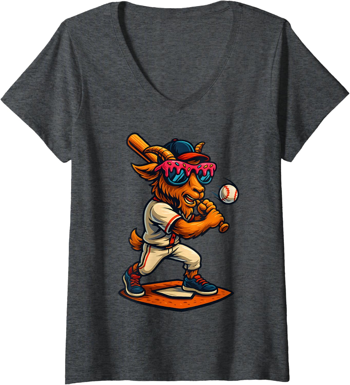 Women's Funny Goat Baseball Player Cool Goat Batter Sports Fan V-Neck T-Shirt - Dark Heather Grey