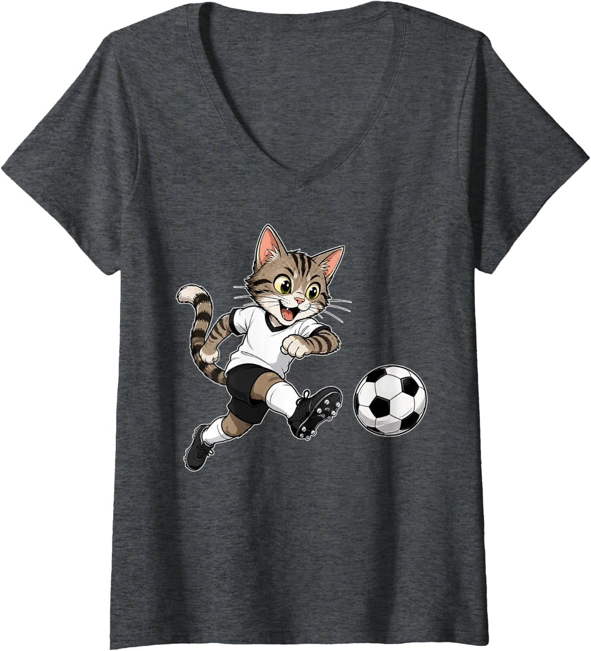 Women's Cat Soccer Funny Graphic V-Neck T-Shirt - Dark Heather Grey