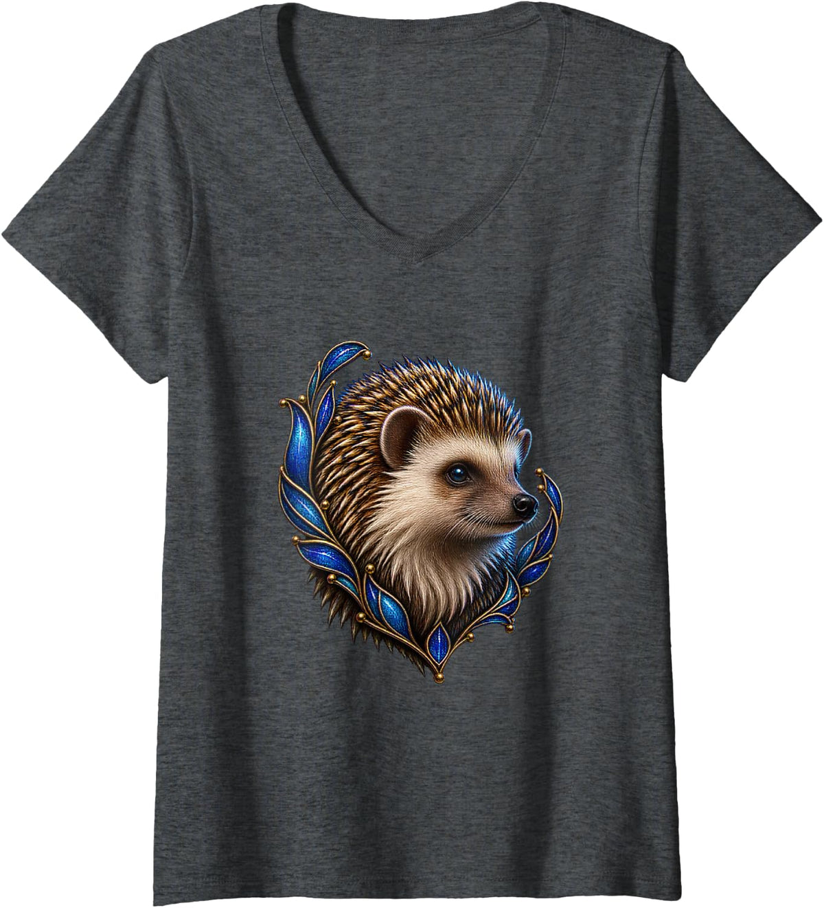 Women's Hedgehog with Azure Curved Panels V-Neck T-Shirt - Dark Heather Grey