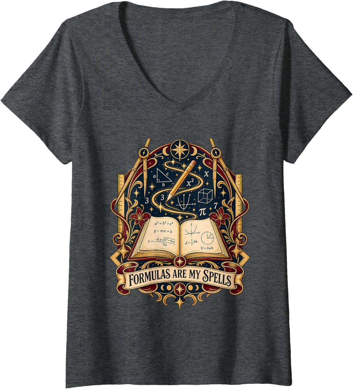 Women's Formulas are My Spells Math Wizard Geometry Algebra V-Neck T-Shirt - Dark Heather Grey