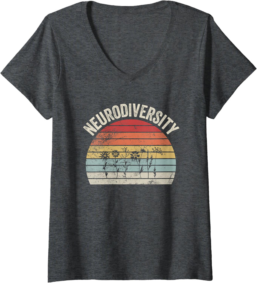 Women's Retro Neurodiversity Wildflower Sunset Graphic V-Neck T-Shirt - Dark Heather Grey