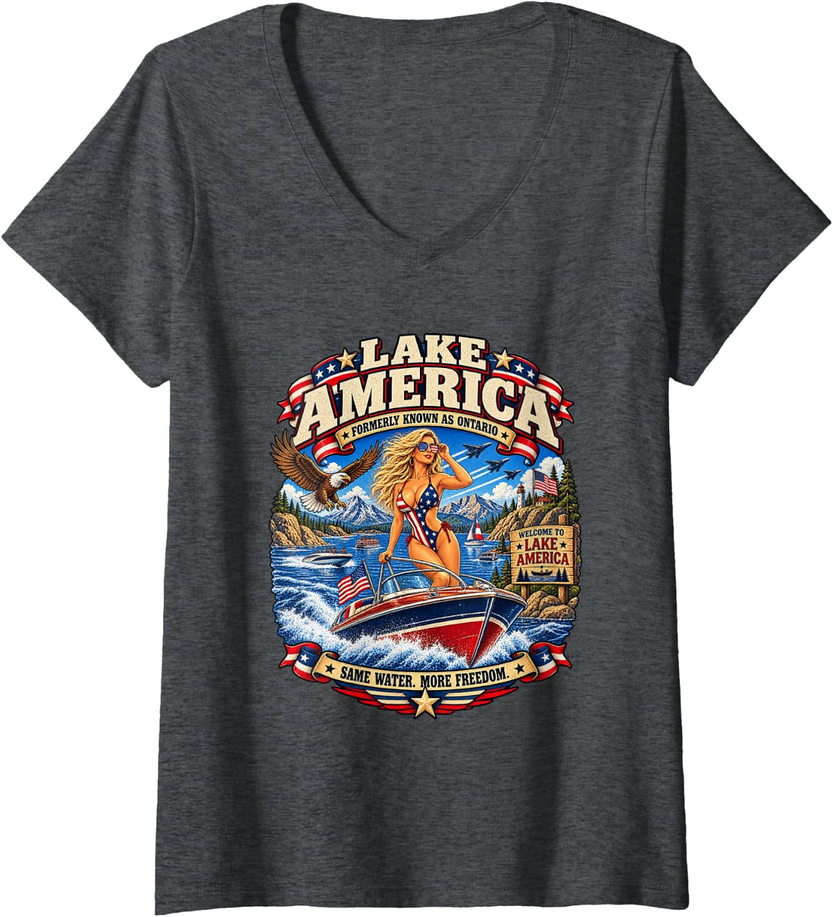 Women's Lake America Patriotic Lake Ontario Trump Supporter V-Neck T-Shirt - Dark Heather Grey
