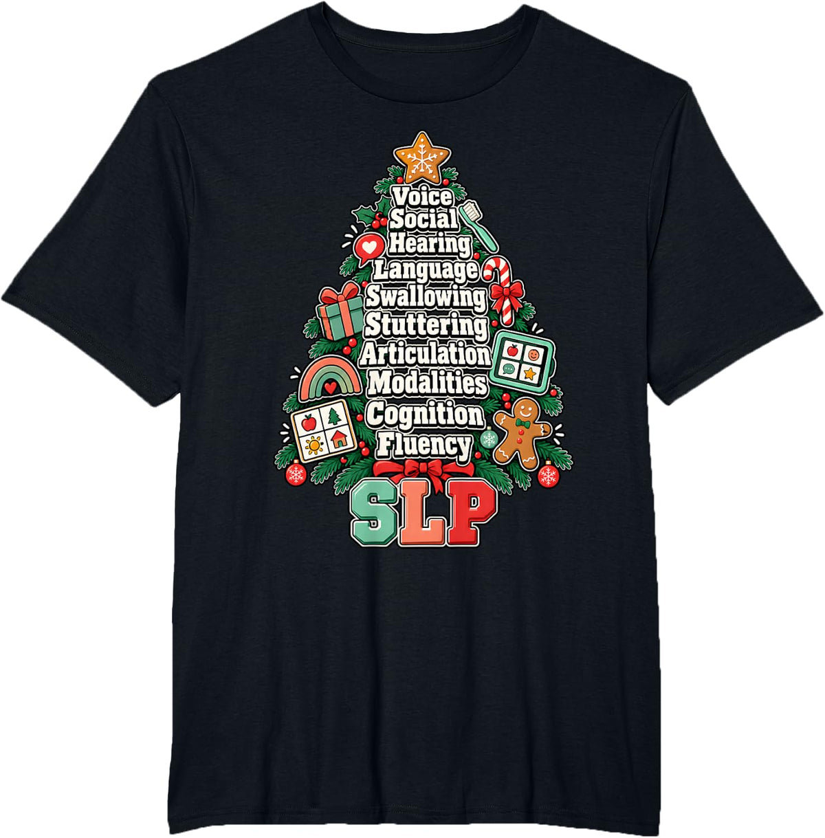SLP Christmas Shirt Speech Language Pathologist Therapy Tree T-Shirt - Black