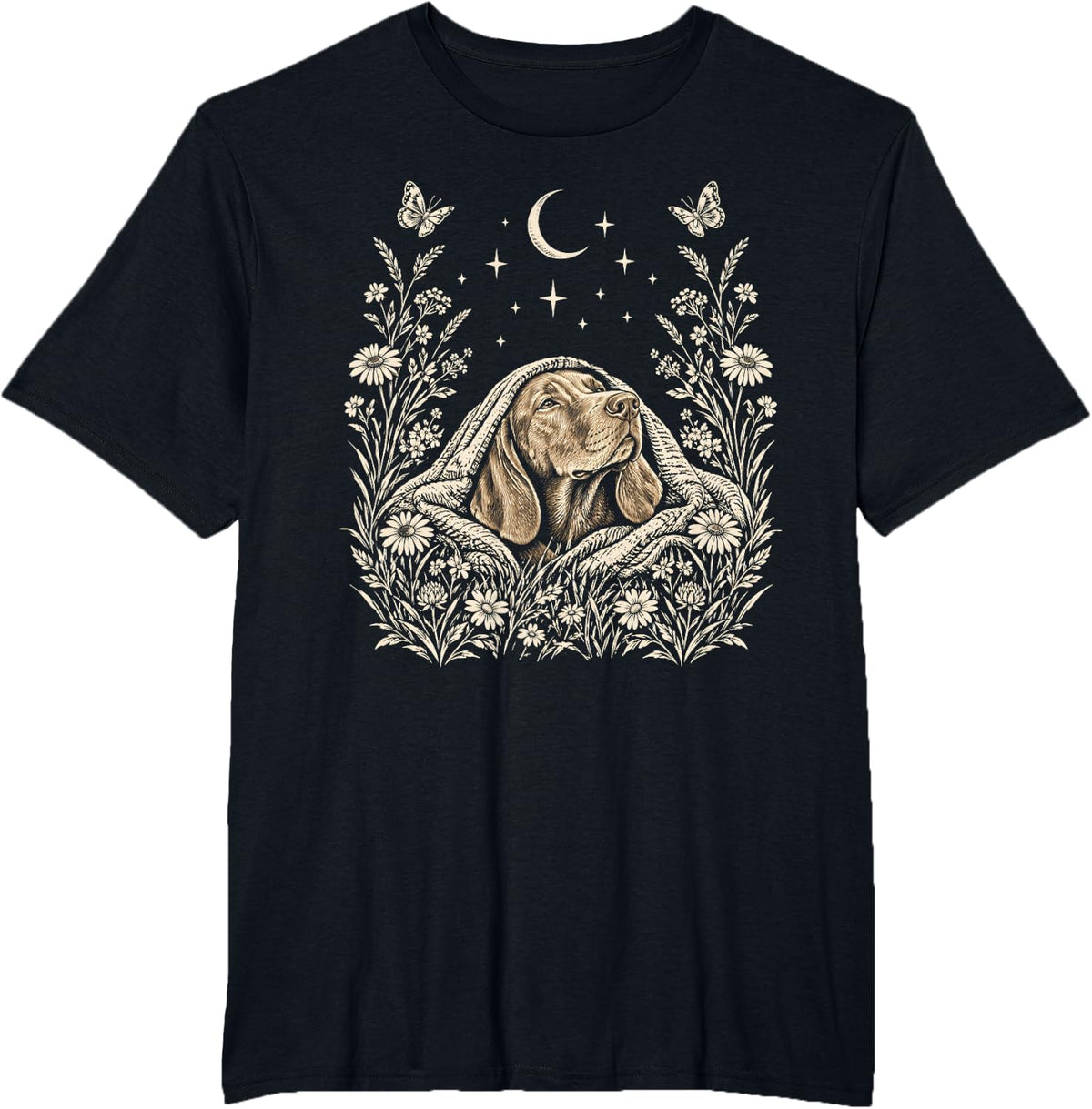 Vizsla Dog Under Blanket Moon Wildflowers T-Shirt - Black
