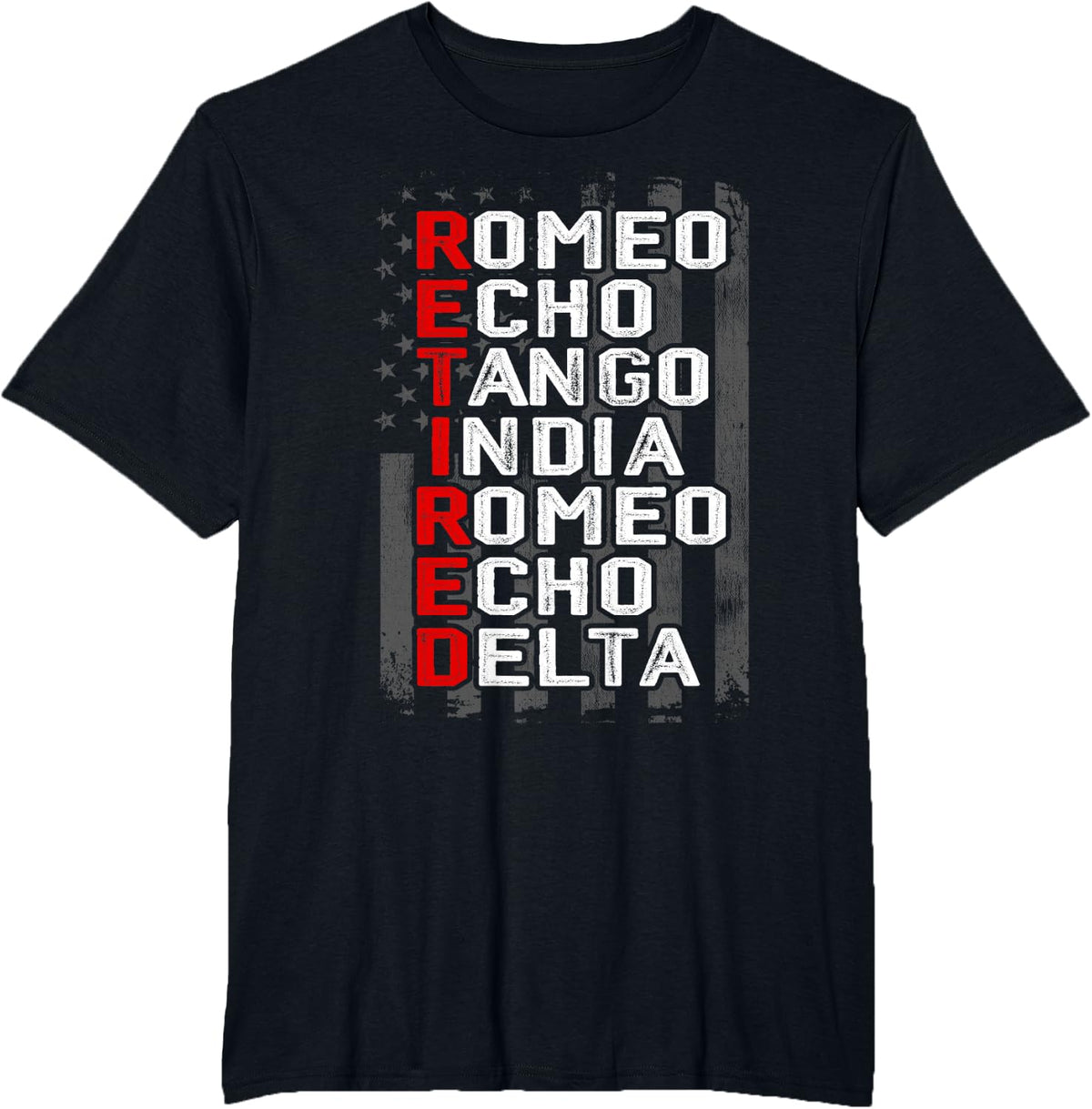 Phonetic Alphabet Retired Veteran American Flag Military T-Shirt - Black