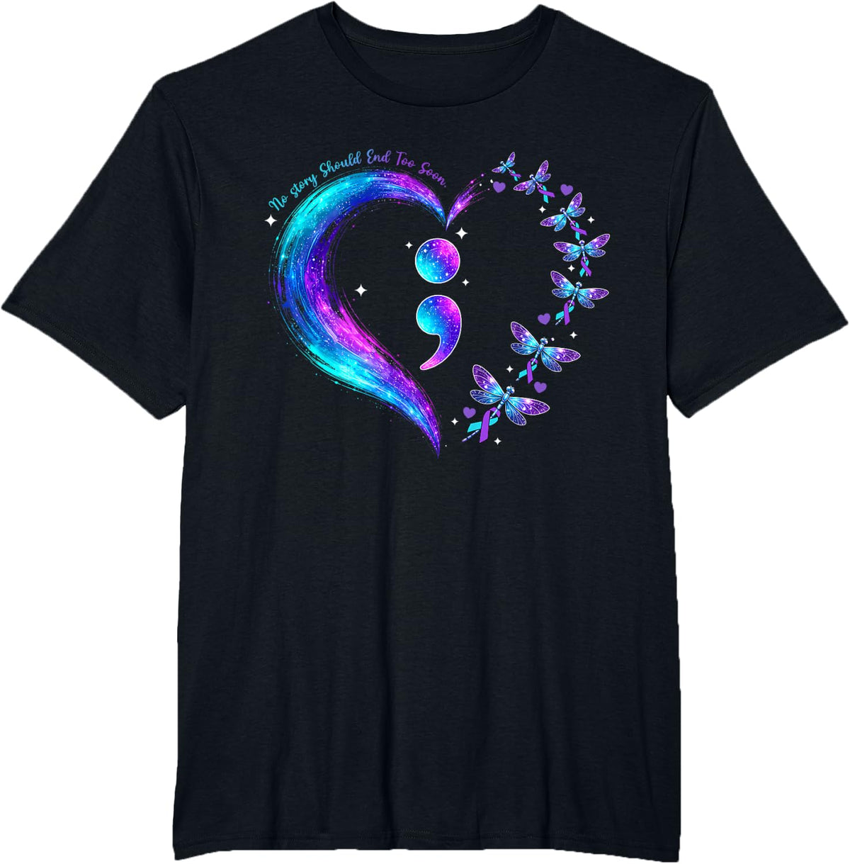 Semicolon Suicide Awareness Dragonfly Heart Mental Health T-Shirt - Black
