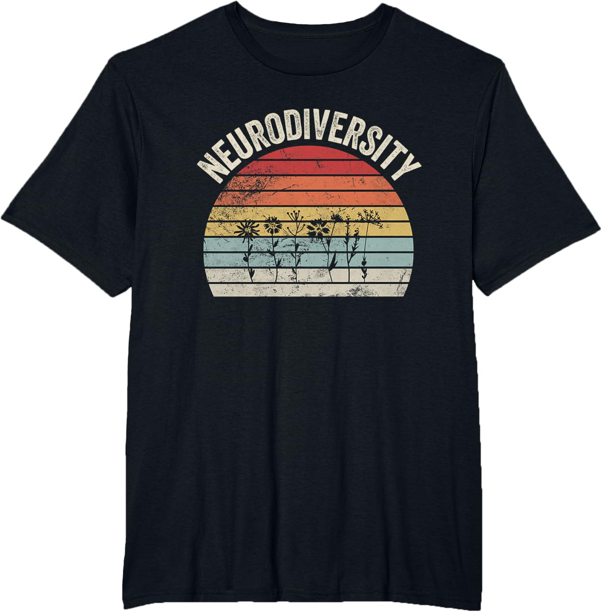 Neurodiversity Retro Sunset Wildflower Graphic T-Shirt - Black