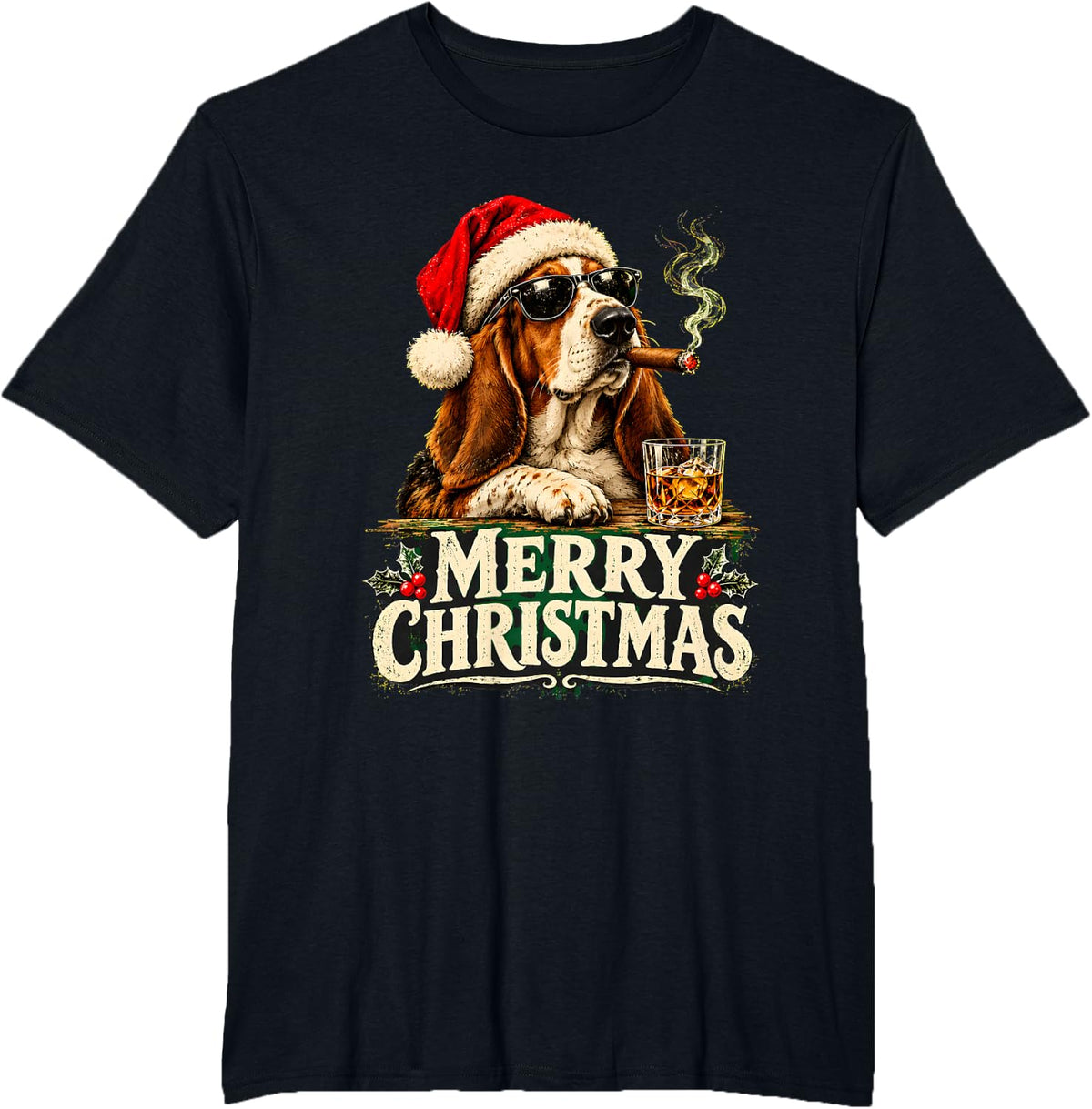 Basset Hound Smoking Cigars Drinking Whisky Merry Christmas T-Shirt - Black