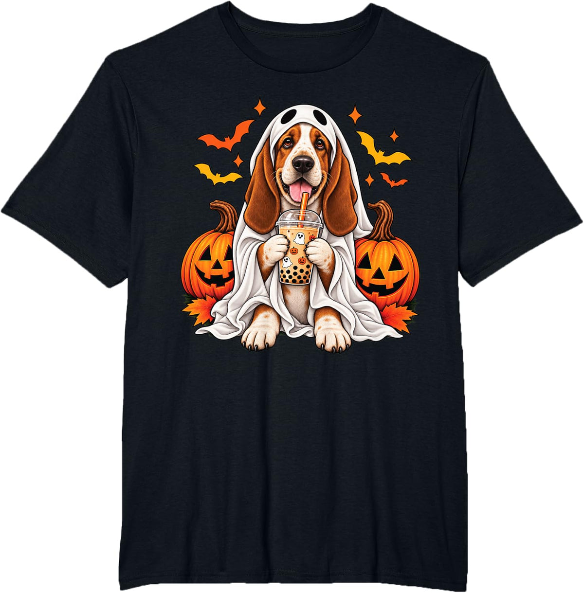 Basset Hound Dog Ghost Boba Halloween Pumpkin Bubble Tea T-Shirt - Black