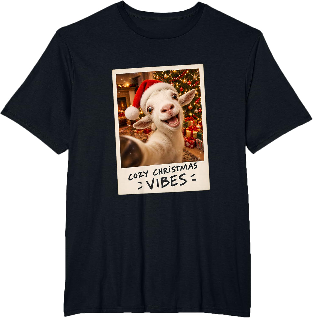 Cozy Christmas Vibes White Goat Selfie Holiday T-Shirt - Black