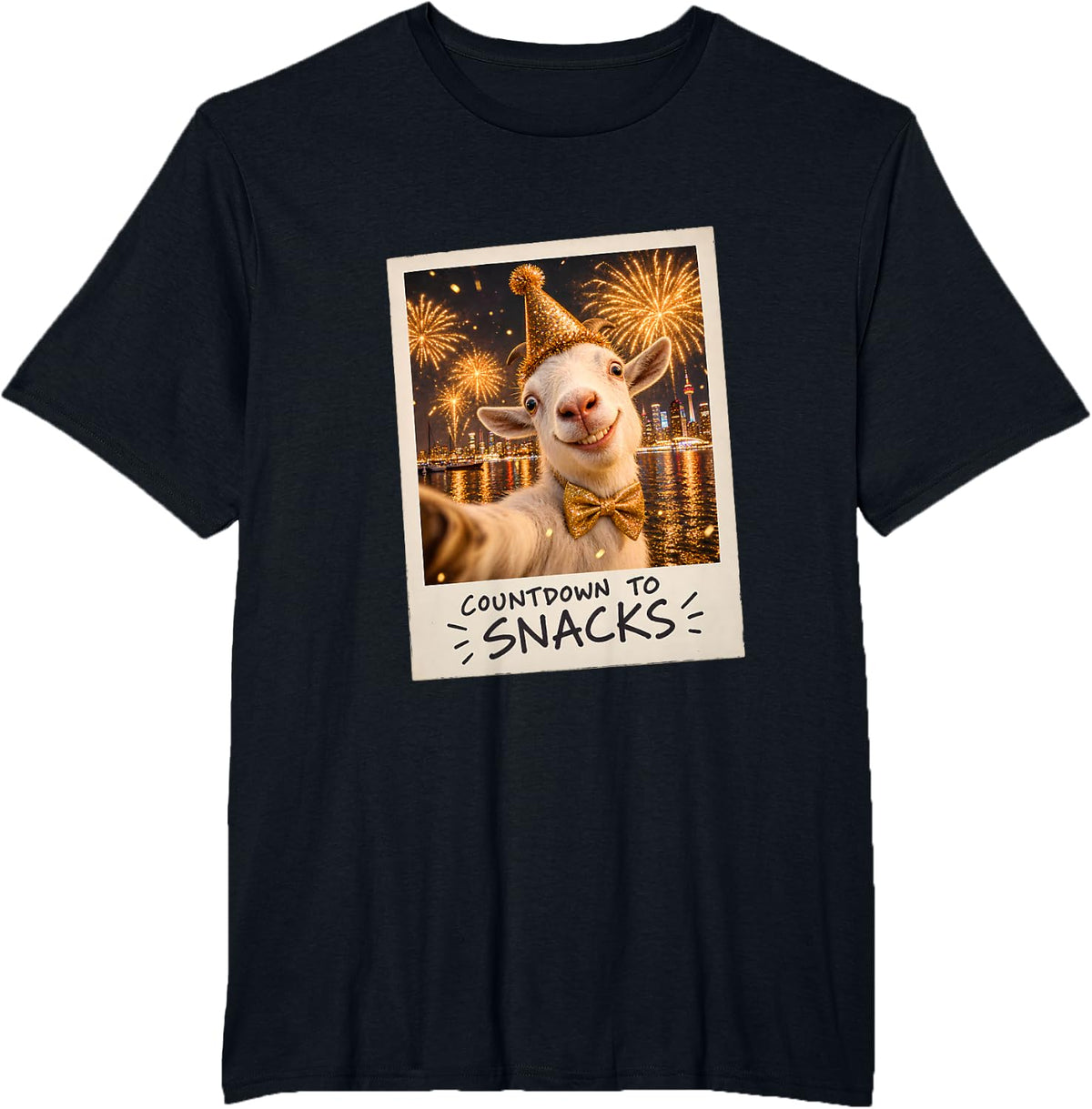 Countdown to Snacks White Goat Selfie NYE T-Shirt - Black