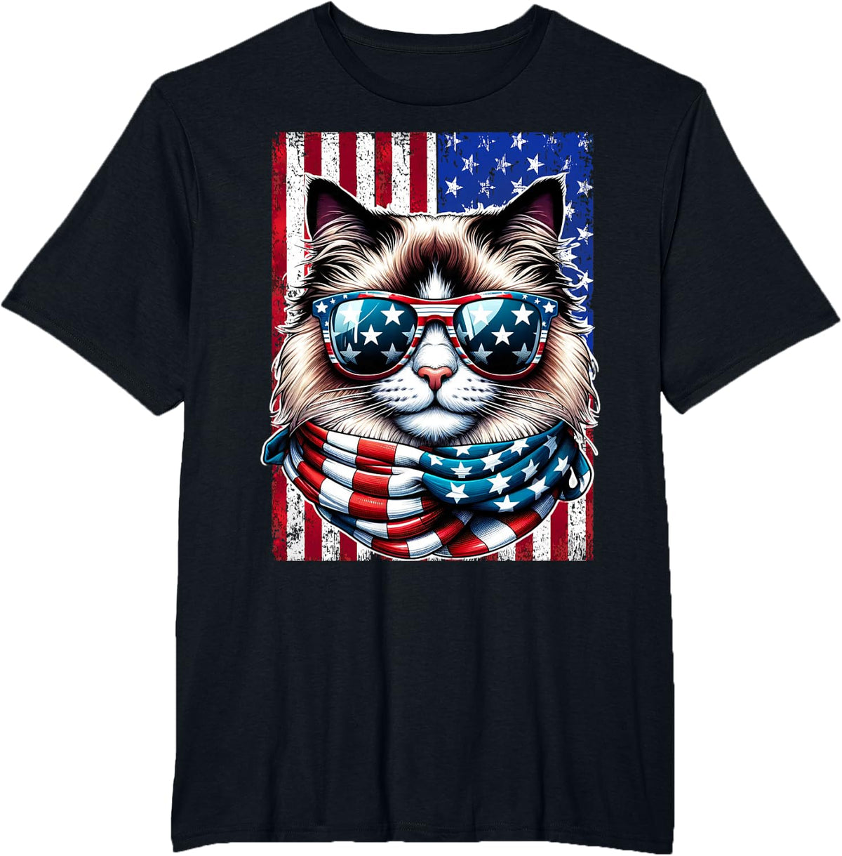 4th of July Ragdoll Cat USA Flag Sunglasses Patriotic Cat T-Shirt - Black