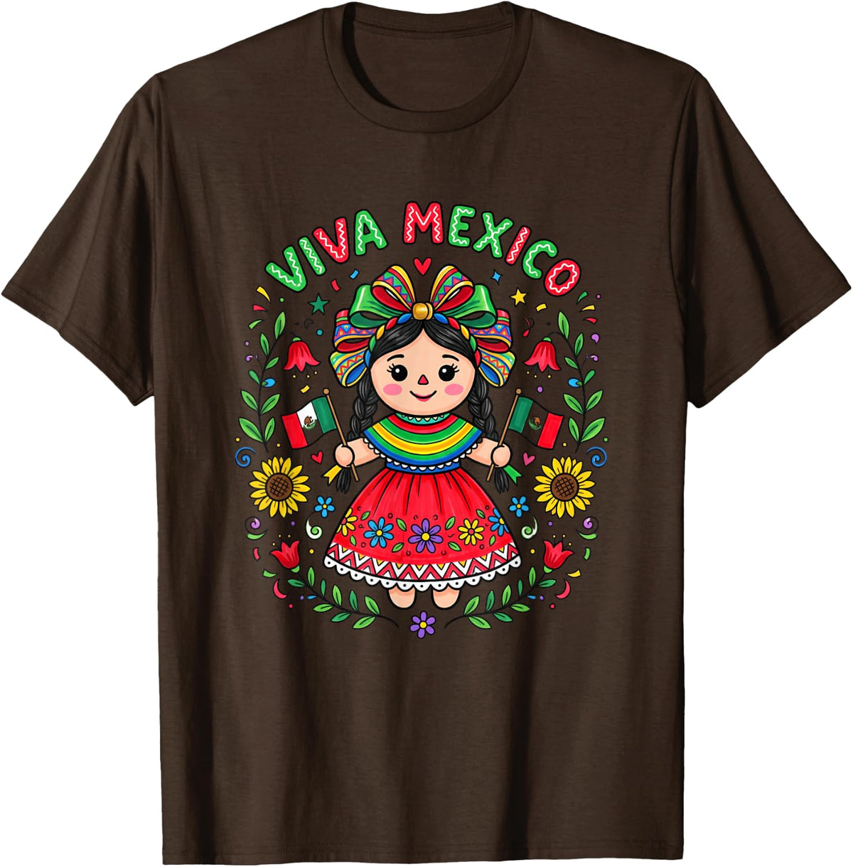 Viva Mexico Toddler Girls Flores Mexican Independence Day T-Shirt - Brown