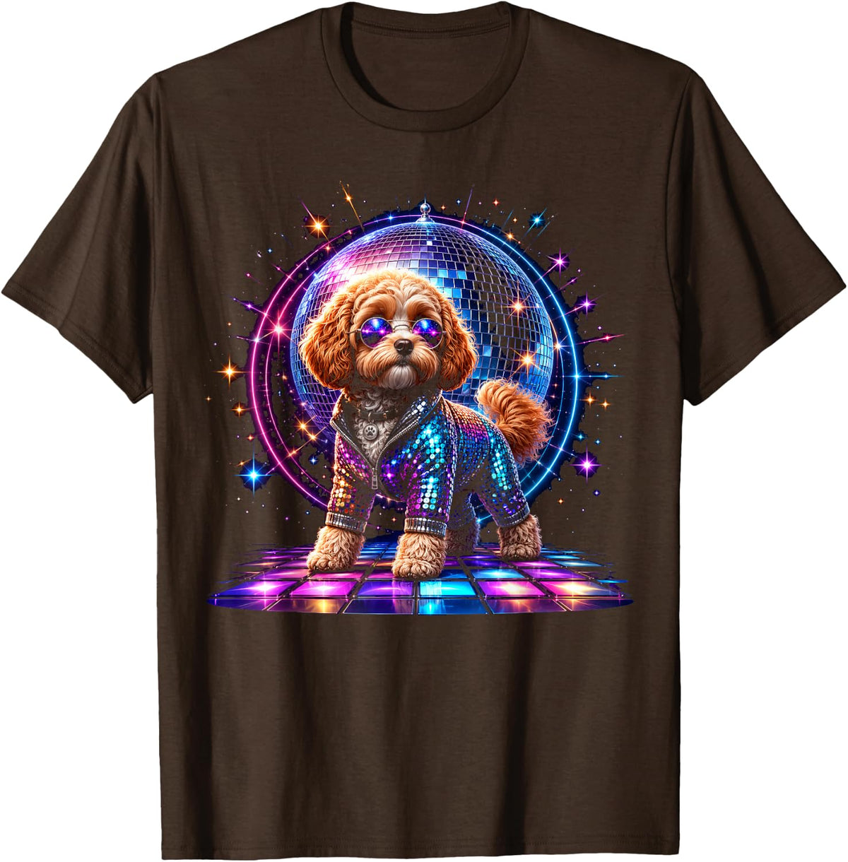 Dancing Cavapoo Disco Ball Puppy Lover Funny Party Animal T-Shirt - Brown