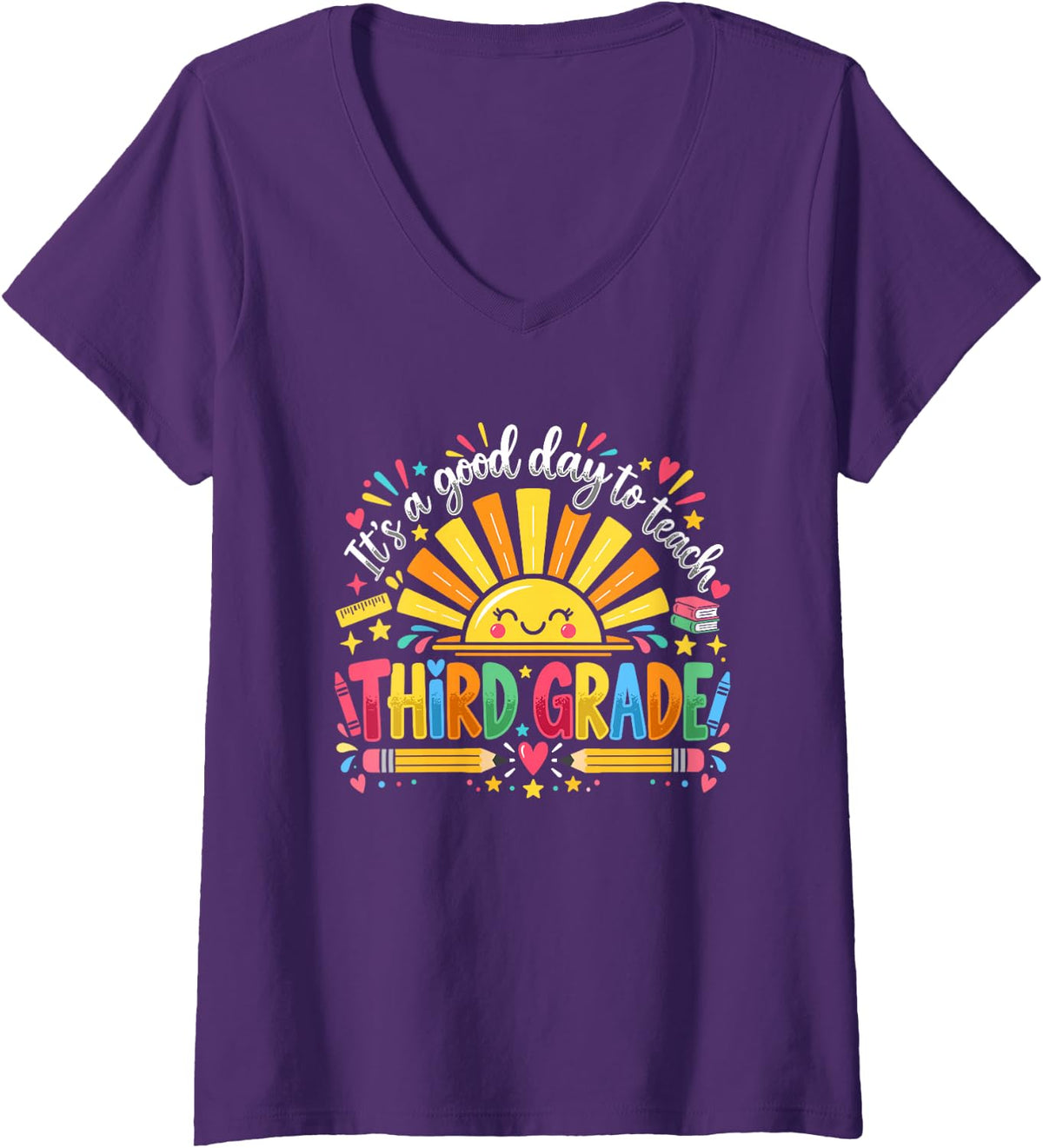 Women's Third Grade Teacher Good Day to Teach Sunshine V-Neck T-Shirt - Purple
