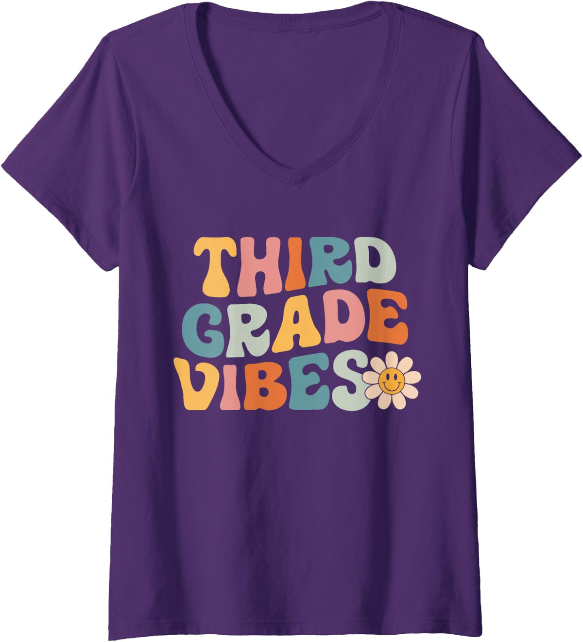 Womens Third Grade Vibes - 3rd Grade Team Retro 1st Day of School V-Neck T-Shirt - Purple