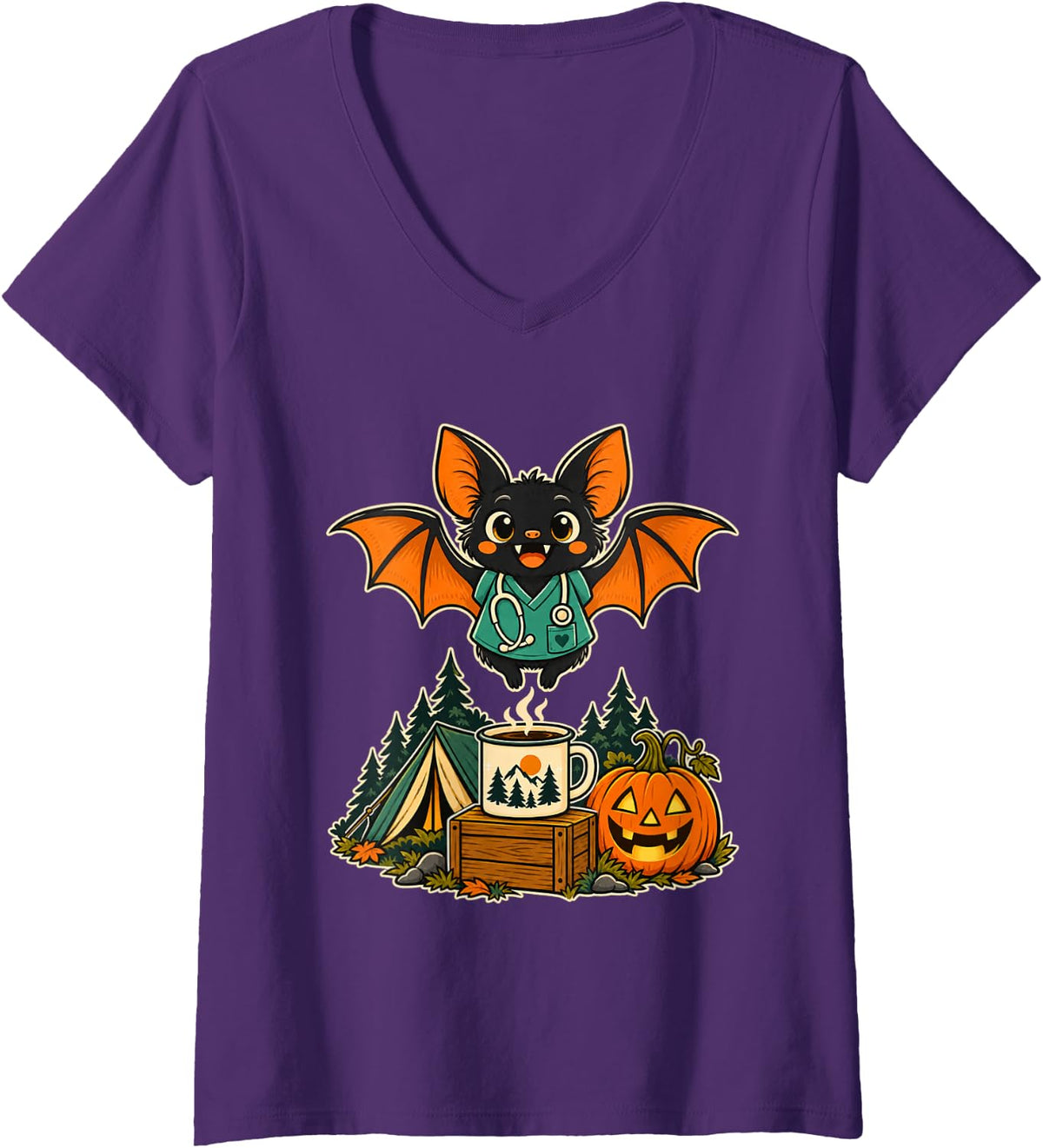 Women's Cute Nurse Bat with Coffee Halloween Pumpkin for Camp Lovers V-Neck T-Shirt - Purple