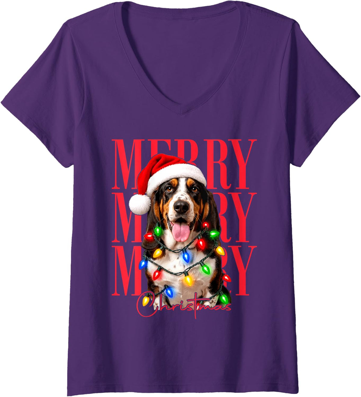 Women's Merry Christmas Basset Hound Santa Xmas Tree Light Dog Lover V-Neck T-Shirt - Purple