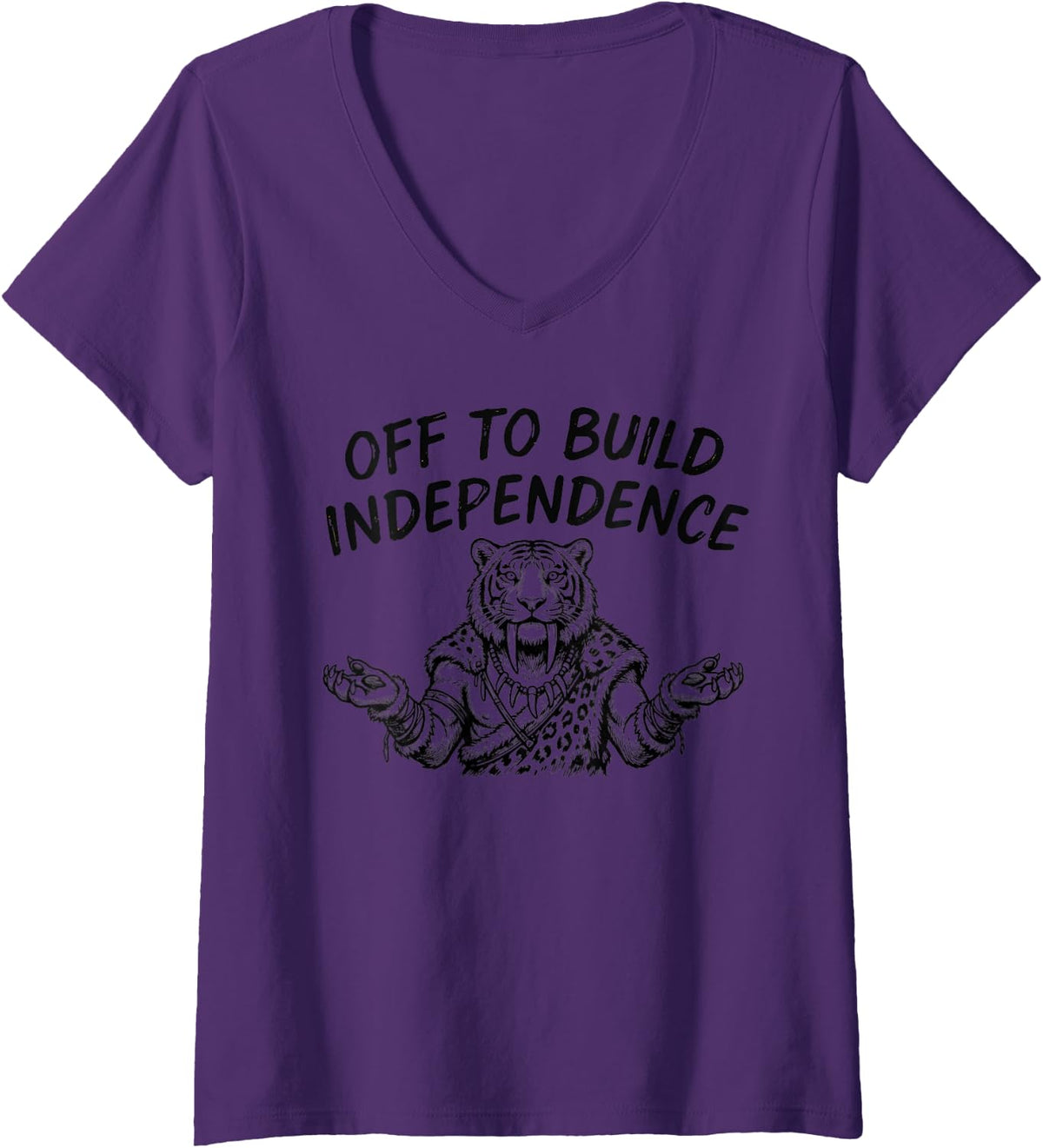 Women's Off to Build Independence Occupational Therapy Tiger Humor V-Neck T-Shirt - Purple
