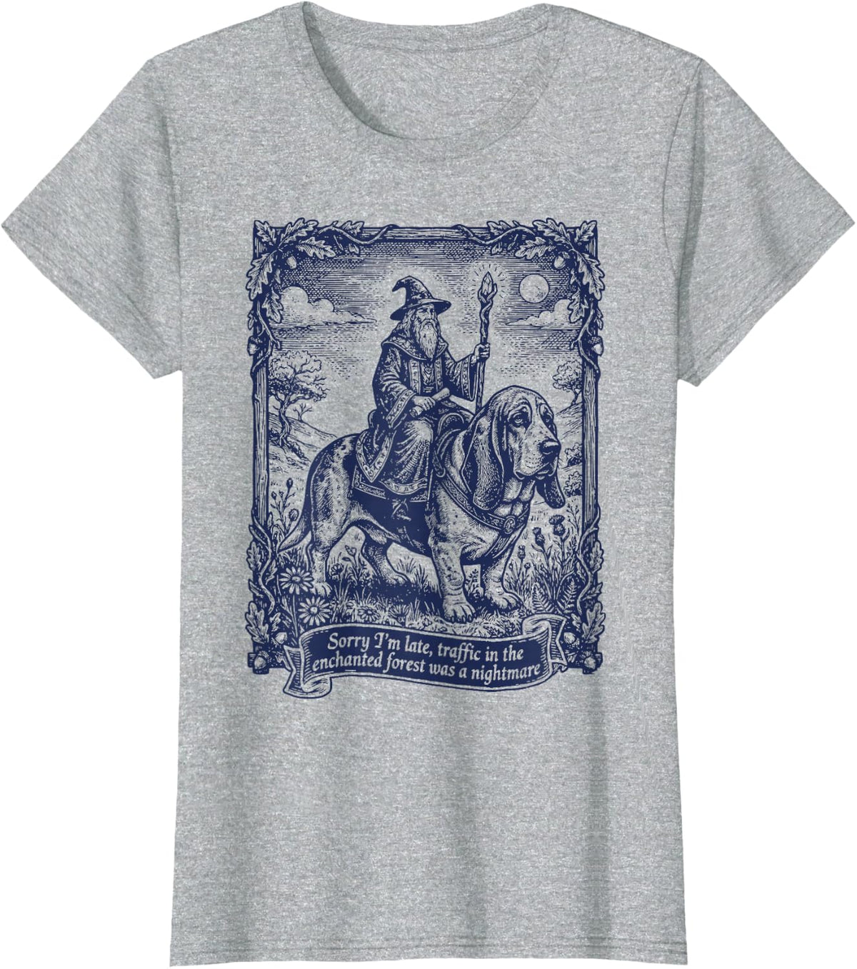 Late Wizard Basset Hound Magical Woods Traffic T-Shirt - Heather Grey