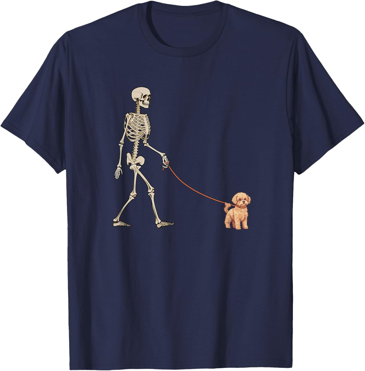 Funny Maltipoo Skeleton Dog Walking Halloween Dog T-Shirt - Navy Blue
