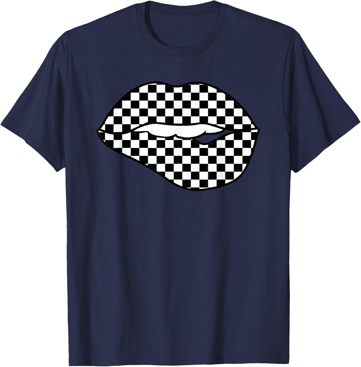 Funny Checkered Black White Lip Gift Cute Checkerboard Women T-Shirt - Navy Blue