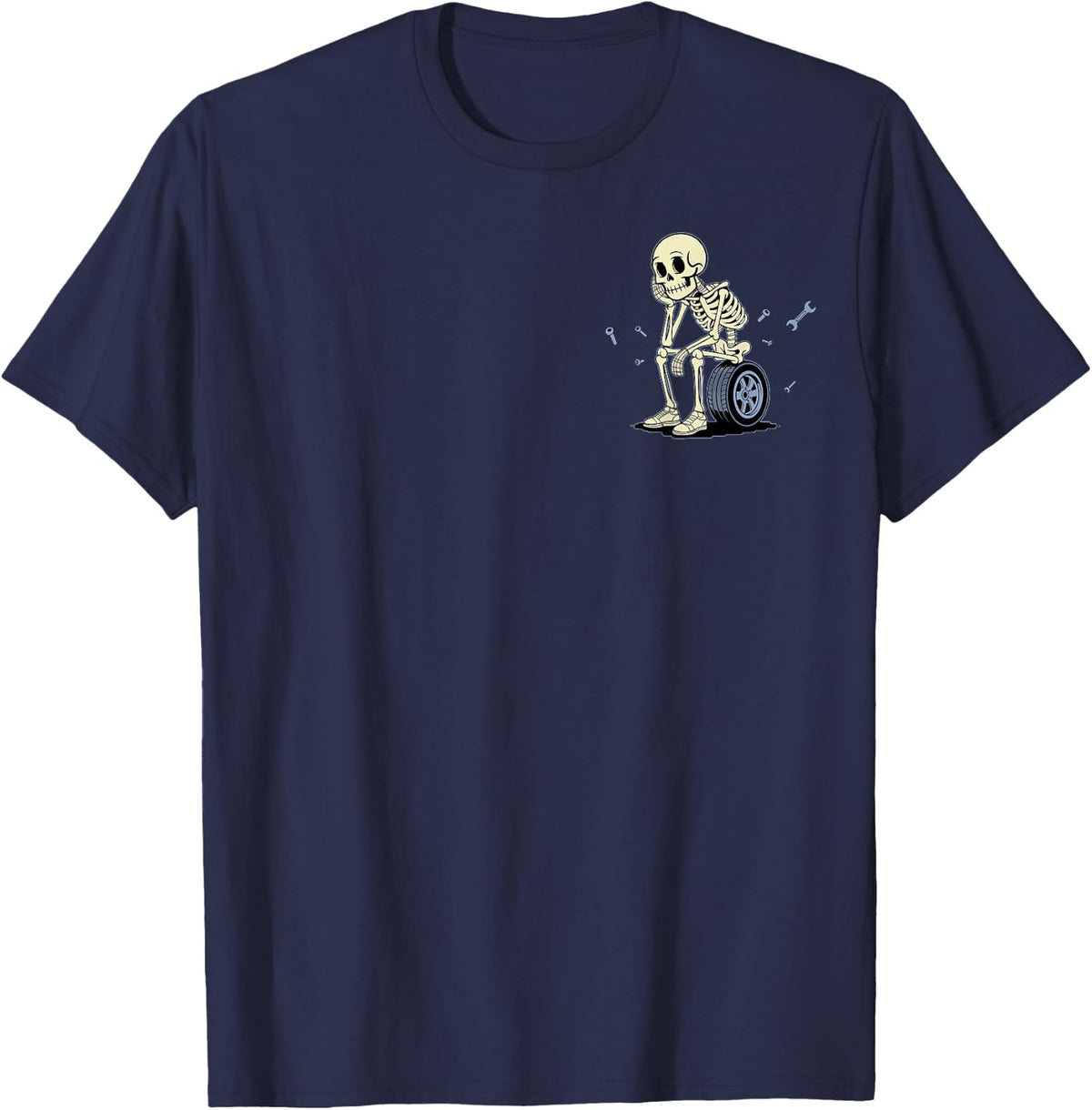 Waiting On Parts Funny Skeleton Auto Mechanic (2 Sided) T-Shirt - Navy Blue
