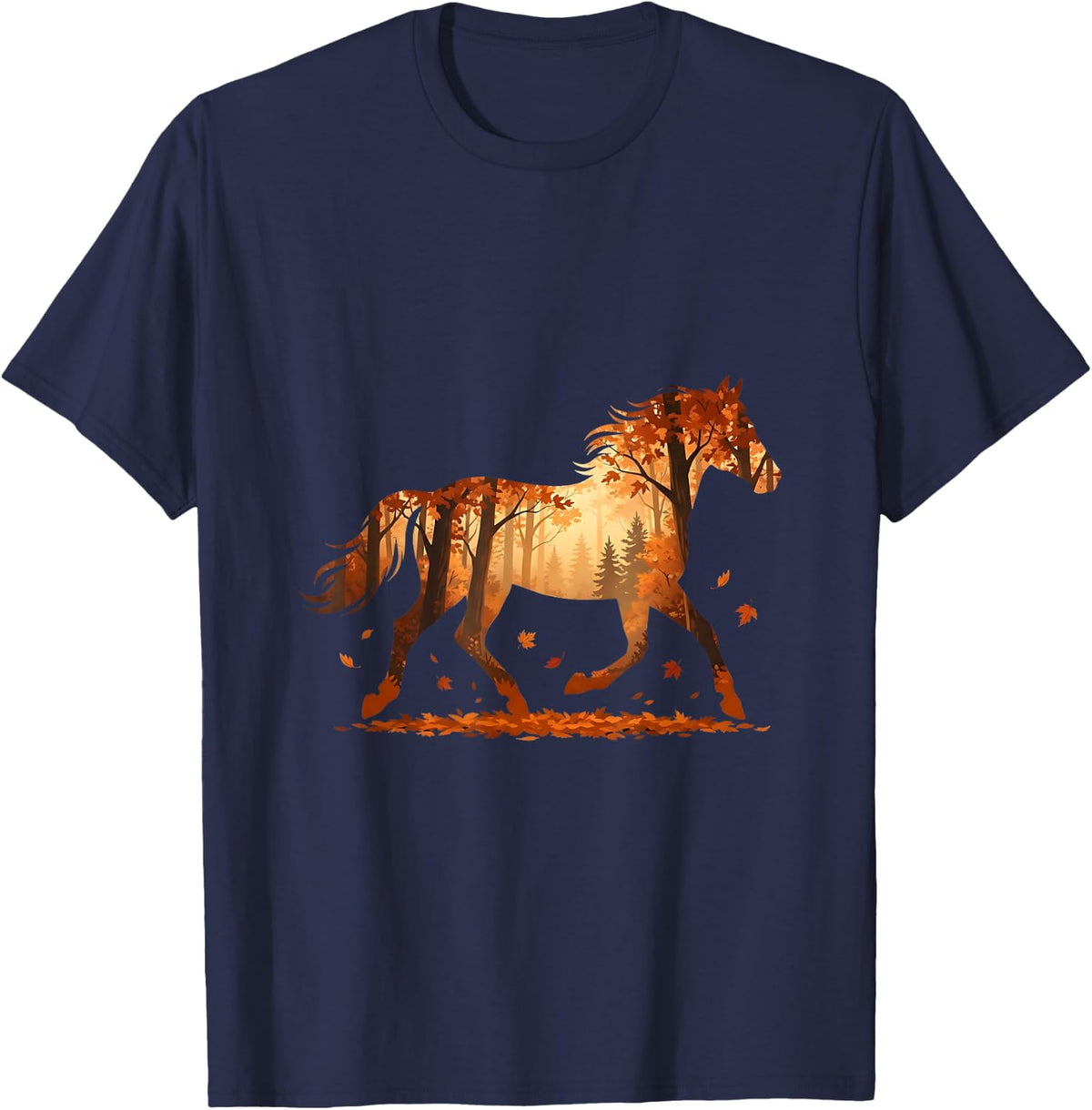 Autumn Horse Silhouette Sunset Woodland Forest T-Shirt - Navy Blue