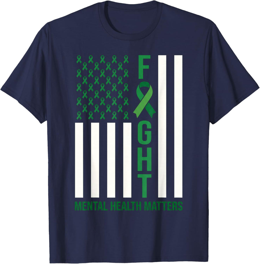 Green American Flag USA Mental Health Matters T-Shirt - Navy Blue