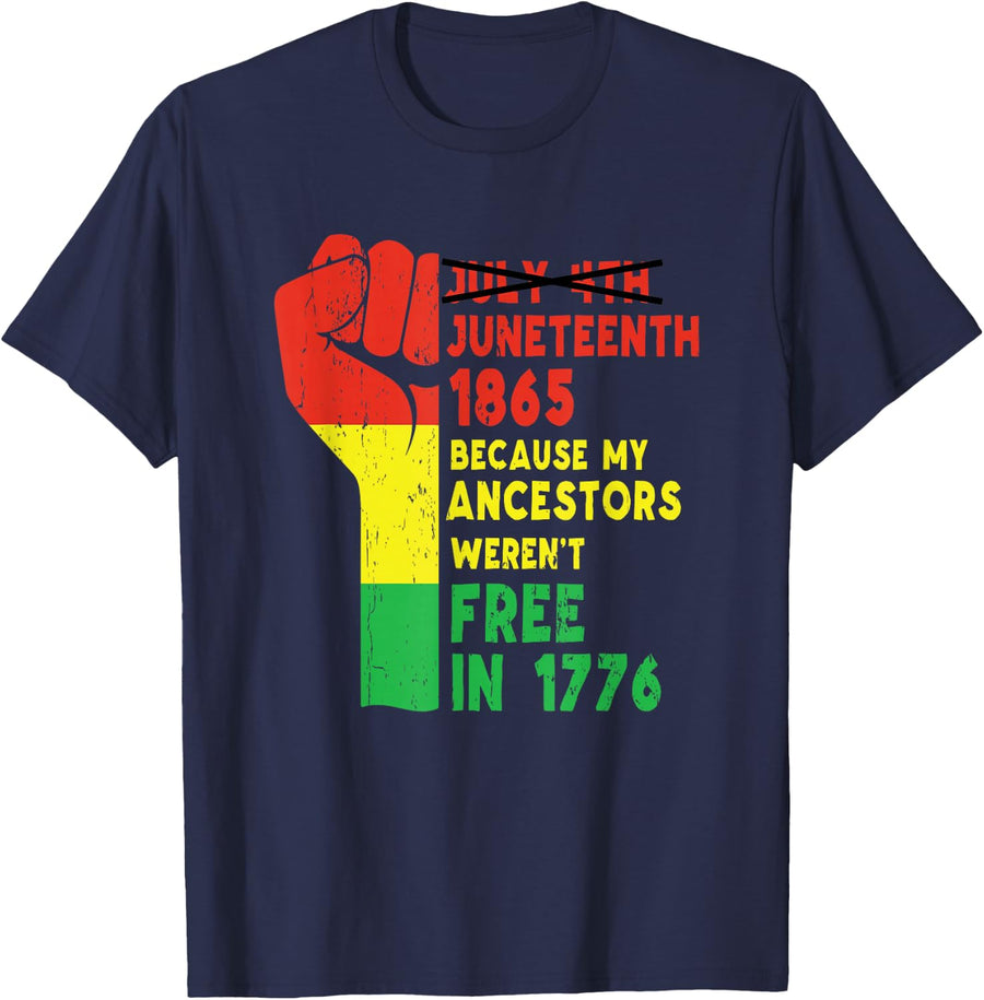 Juneteenth My Ancestors Free Black African Flag Pride Fist T-Shirt Tees for Men and Women - Navy Blue