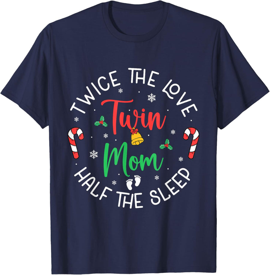 Twice The Love Twin Mom Pregnancy Expecting Christmas Party T-Shirt Tee - Navy Blue