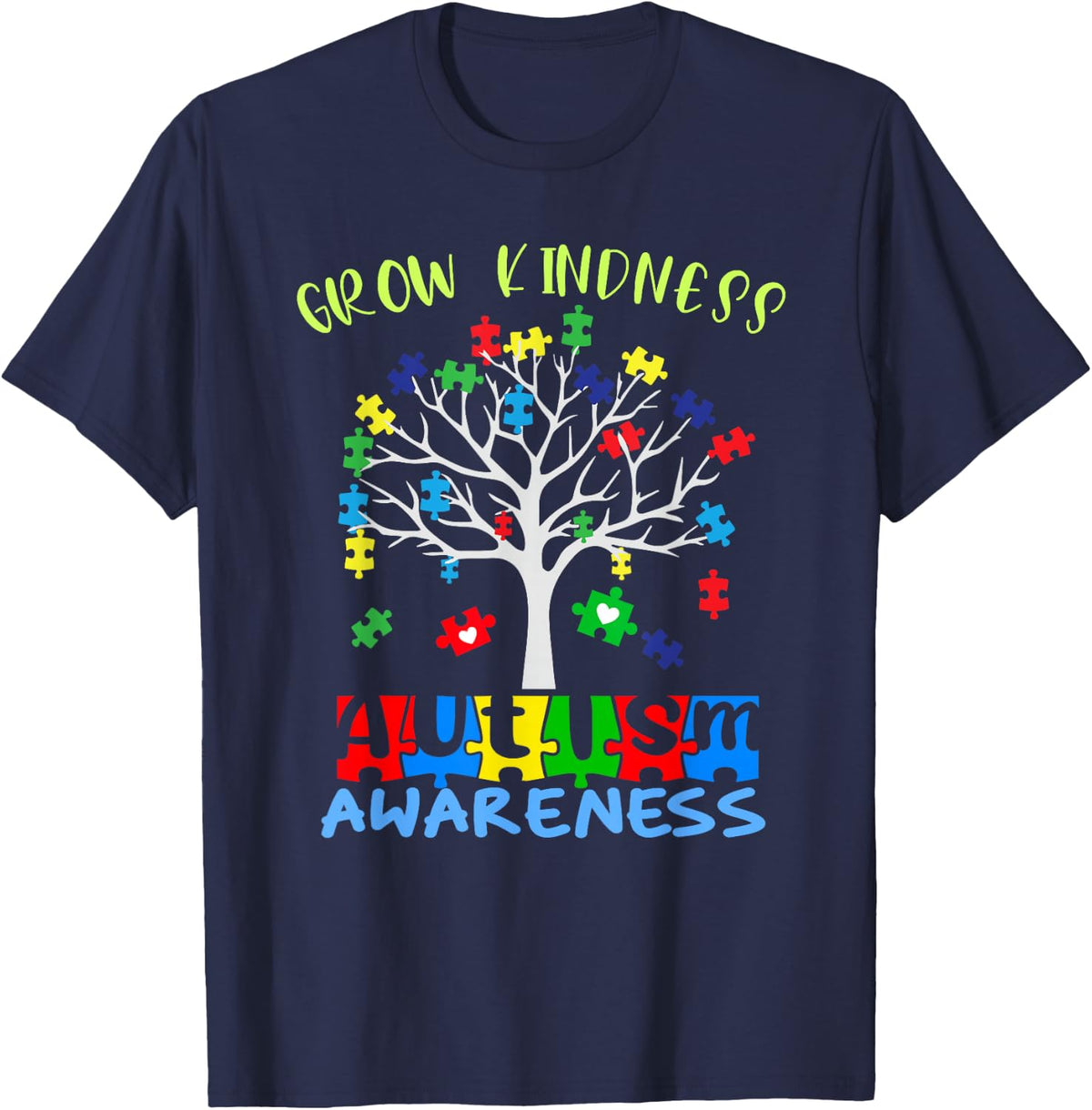 Autism Awareness Puzzle Piece Kindness Tree T-Shirt - Navy Blue