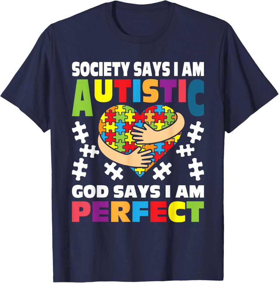 God Says I Am Perfect - Autistic Puzzle Autism Awareness T-Shirt - Navy Blue