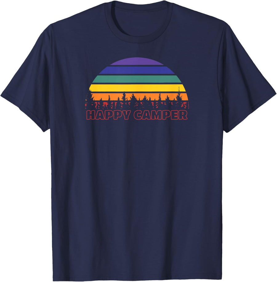 Rainbow Happy Camper Sunset Gay Pride Camping Lover T-Shirt - Navy Blue