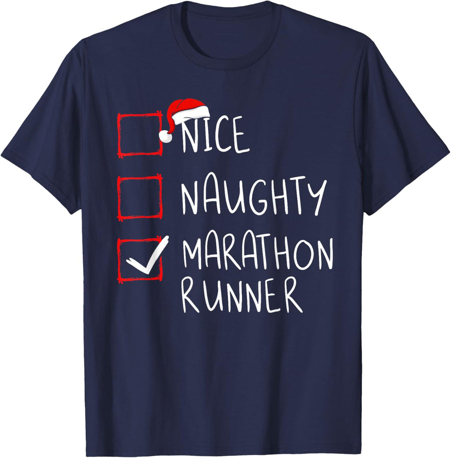 Nice Naughty Marathon Runner List Christmas Santa Claus Funny Running Tee T-Shirt - Navy Blue