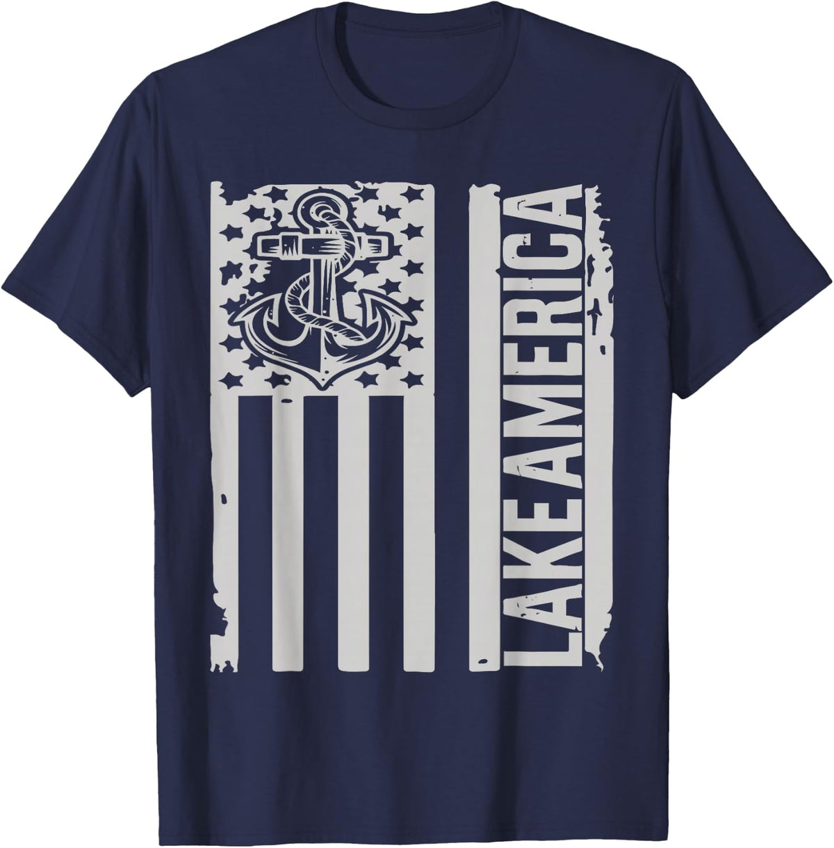 Lake America Distressed Flag Patriotic Lake Life T-Shirt - Navy Blue